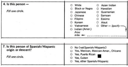 A document showing field 4. Is this person White, Black or Negro, Japanese, chinese, Filipino, Korean, Vietnamese, Indian (Amer.), Asian Indian, Hawaiian, Guamarian, Samoan, Eskimo, Aleut, Other. Field 7 says Is this person of Spanish/Hispanic origin or descent? No, Yes, Mexican, Yes, Puerto Rican, Yes, Cuban, Yes, other.